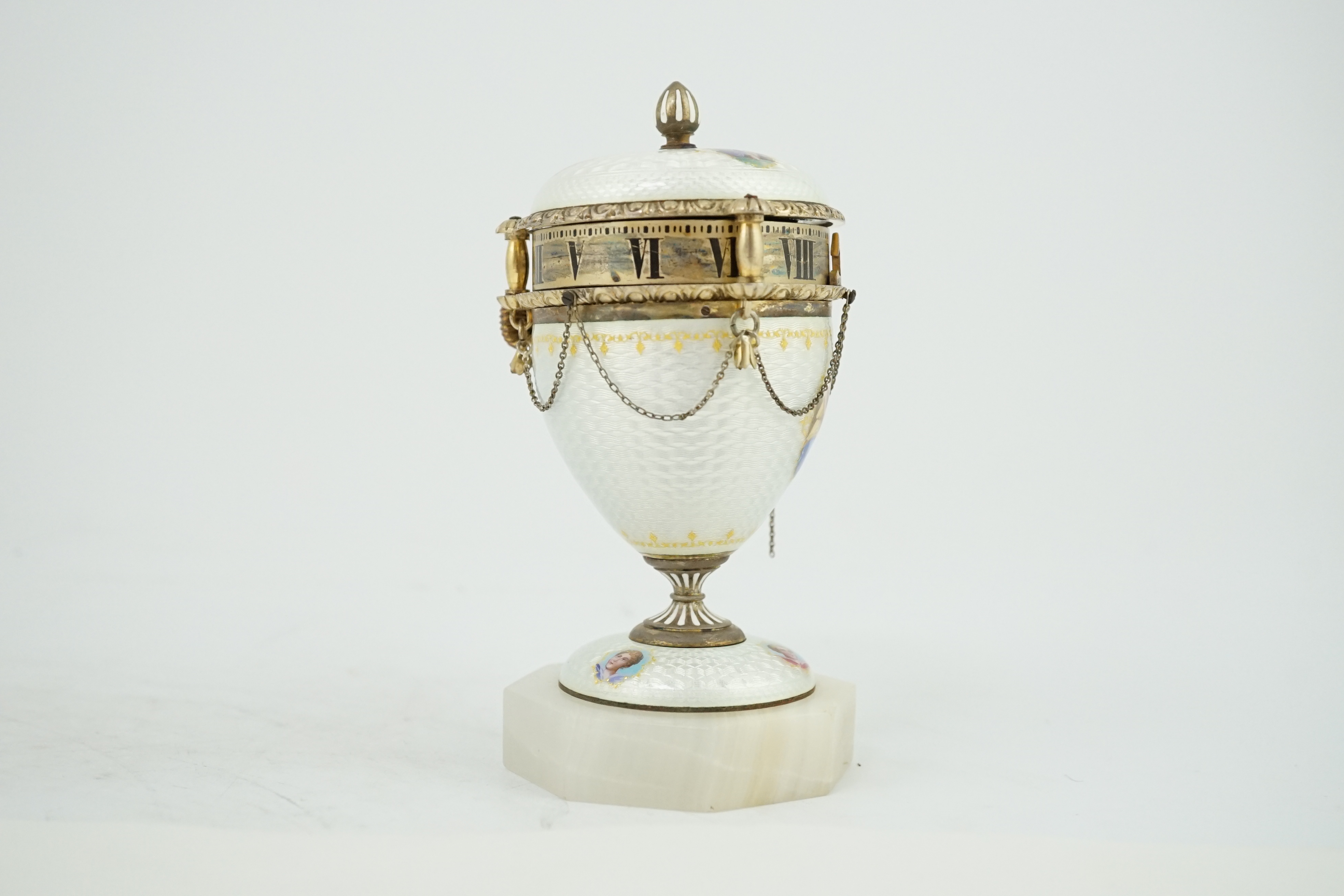 A 19th century Swiss miniature silver and guilloche enamel urn shaped timepiece